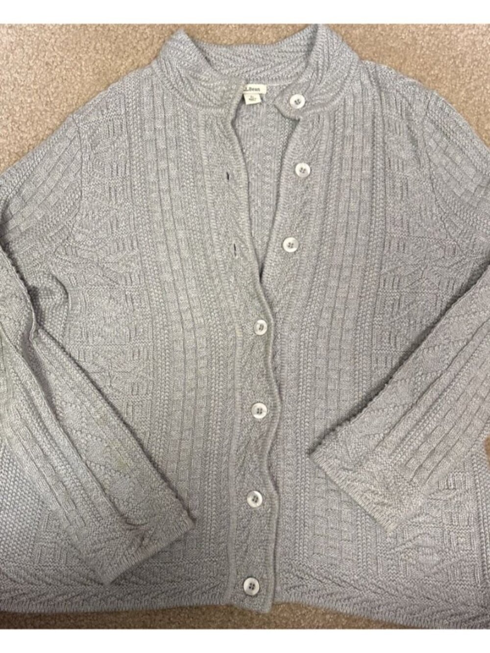 LL BEAN Sweater Gray 100% Cotton Cable Knit Long Sleeves Button Cardigan Size L - Picture 2 of 6